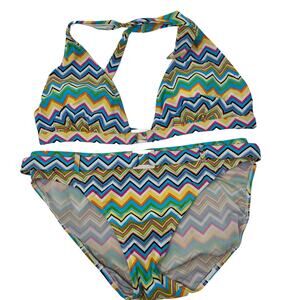 VTG Athletic Works Triangle Bikini Set Womens L Multicolor Buckle Detail Y2K 90s